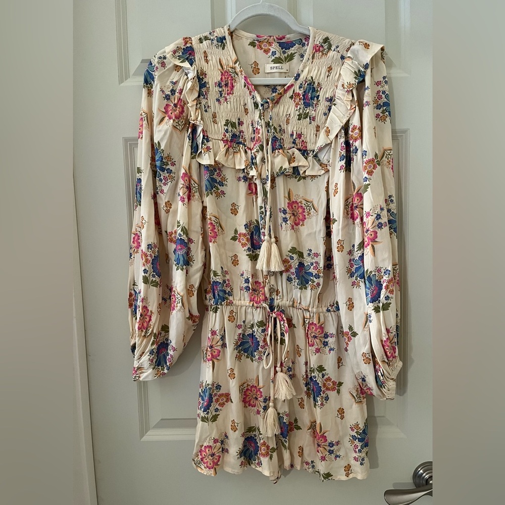Spell & The Gypsy Collective Solstice Floral Boho Romper ruffled neckline size M